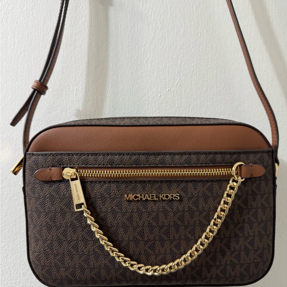 Michael Kors Brown and Tan Crossbody Bag with Gold Chain